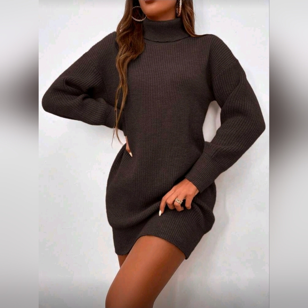 New Casual Ribbed Knit Turtleneck Short Dress Dark Brown
